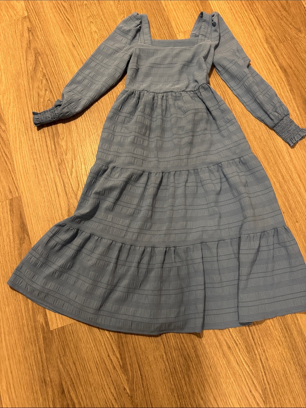 Square-Neck Tiered Long Sleeve Maxi Dress in Dusty Blue
